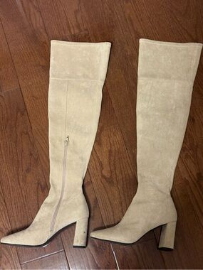 Jeffrey Campbell Cream Suede Over-the-Knee Block Heel Boots